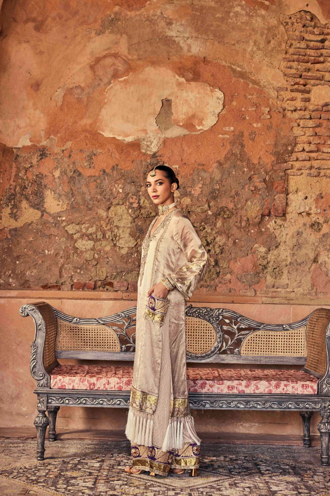 Neerus Grey Zari Work Organza Fabric Kurta and Trouser. - Image 4