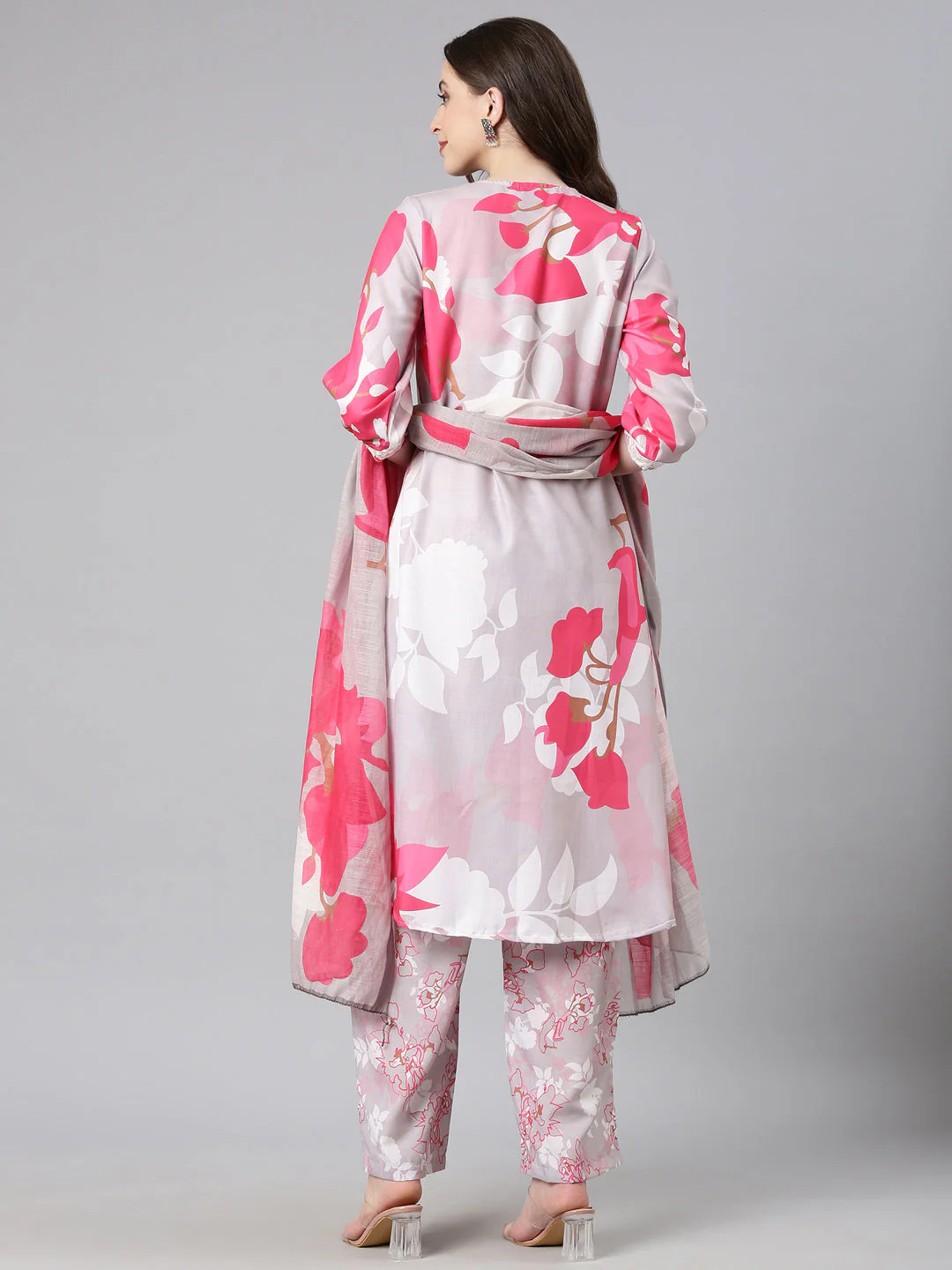 Neerus L gray Printed Straight Kurta and Trousers With Dupatta - Image 3