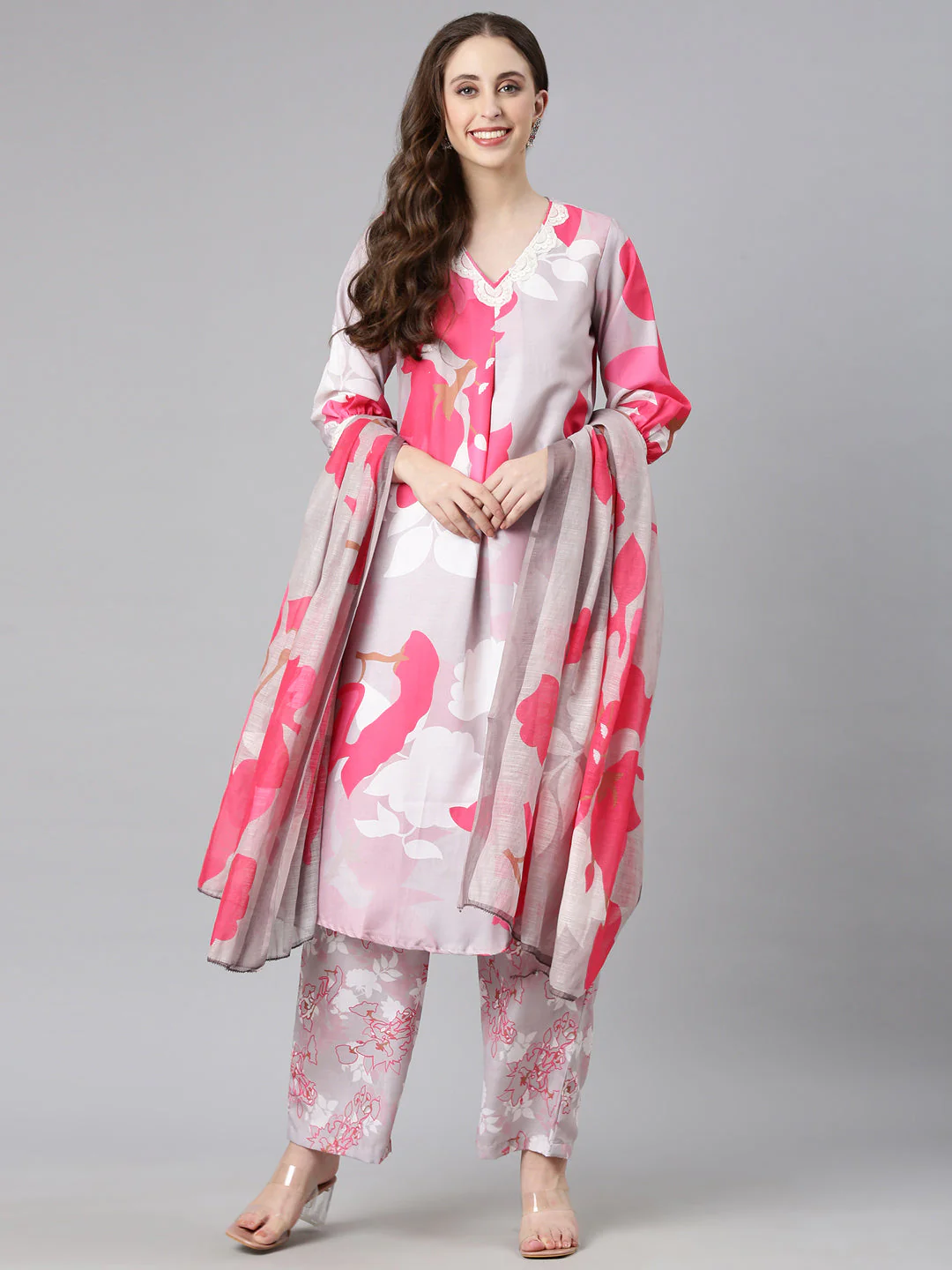 Neerus L gray Printed Straight Kurta and Trousers With Dupatta - Image 5