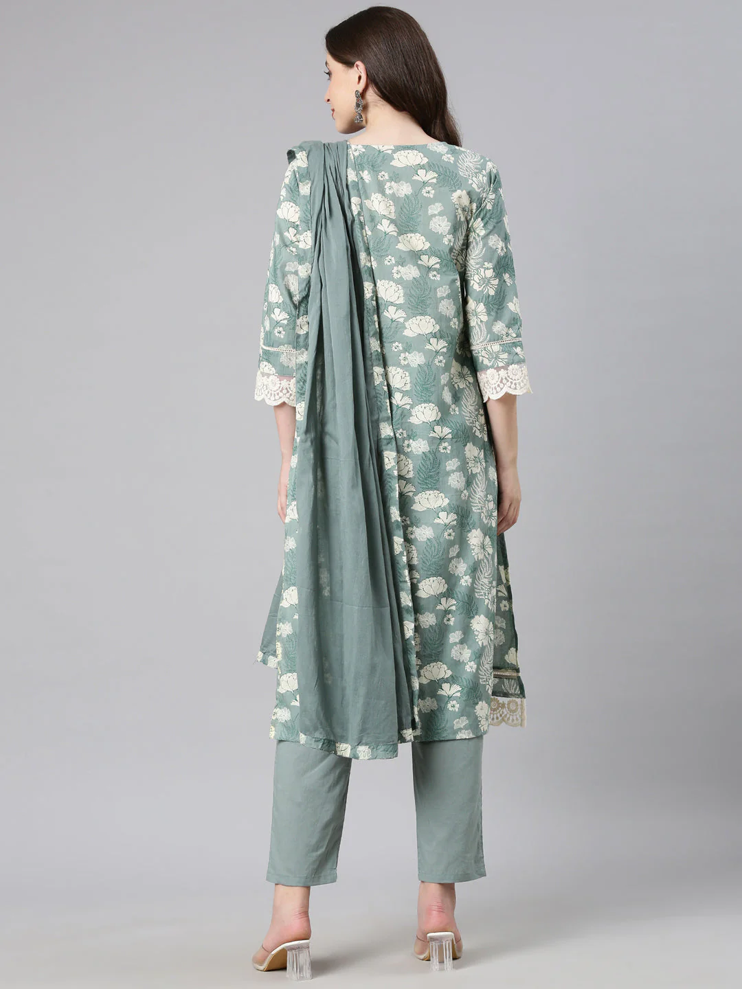 Neerus Light green Printed Straight Kurta and Trousers With Dupatta - Image 3