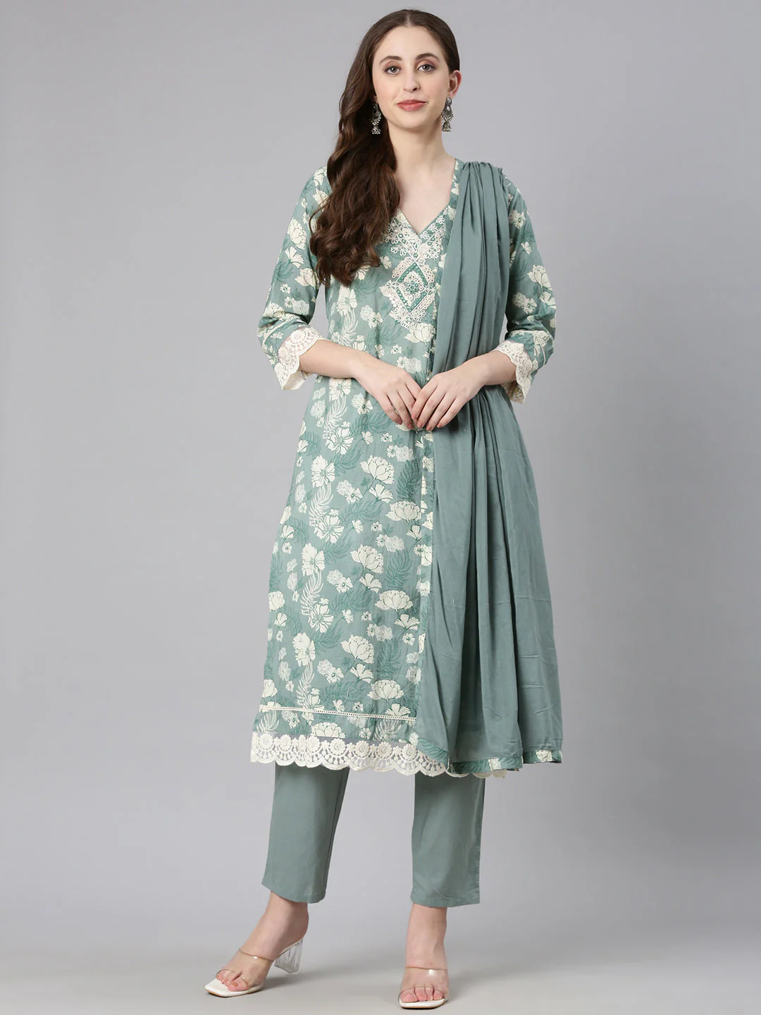 Neerus Light green Printed Straight Kurta and Trousers With Dupatta - Image 5