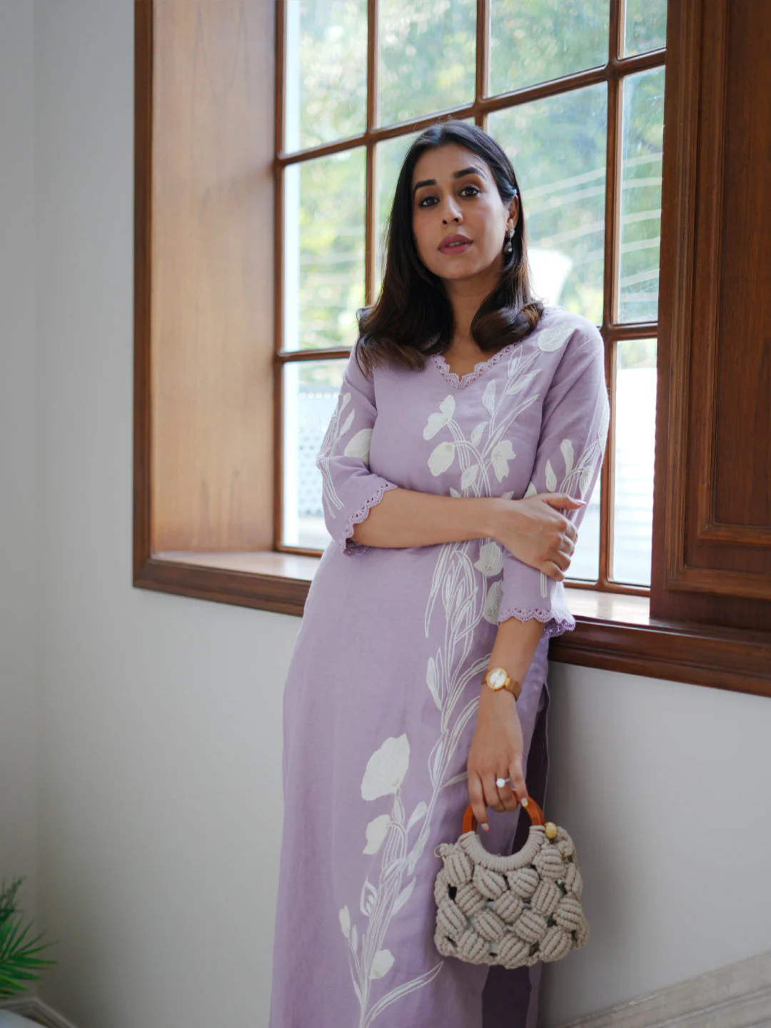 Neerus Lilac Casual Embroidered Kurta and Trouser - Image 3