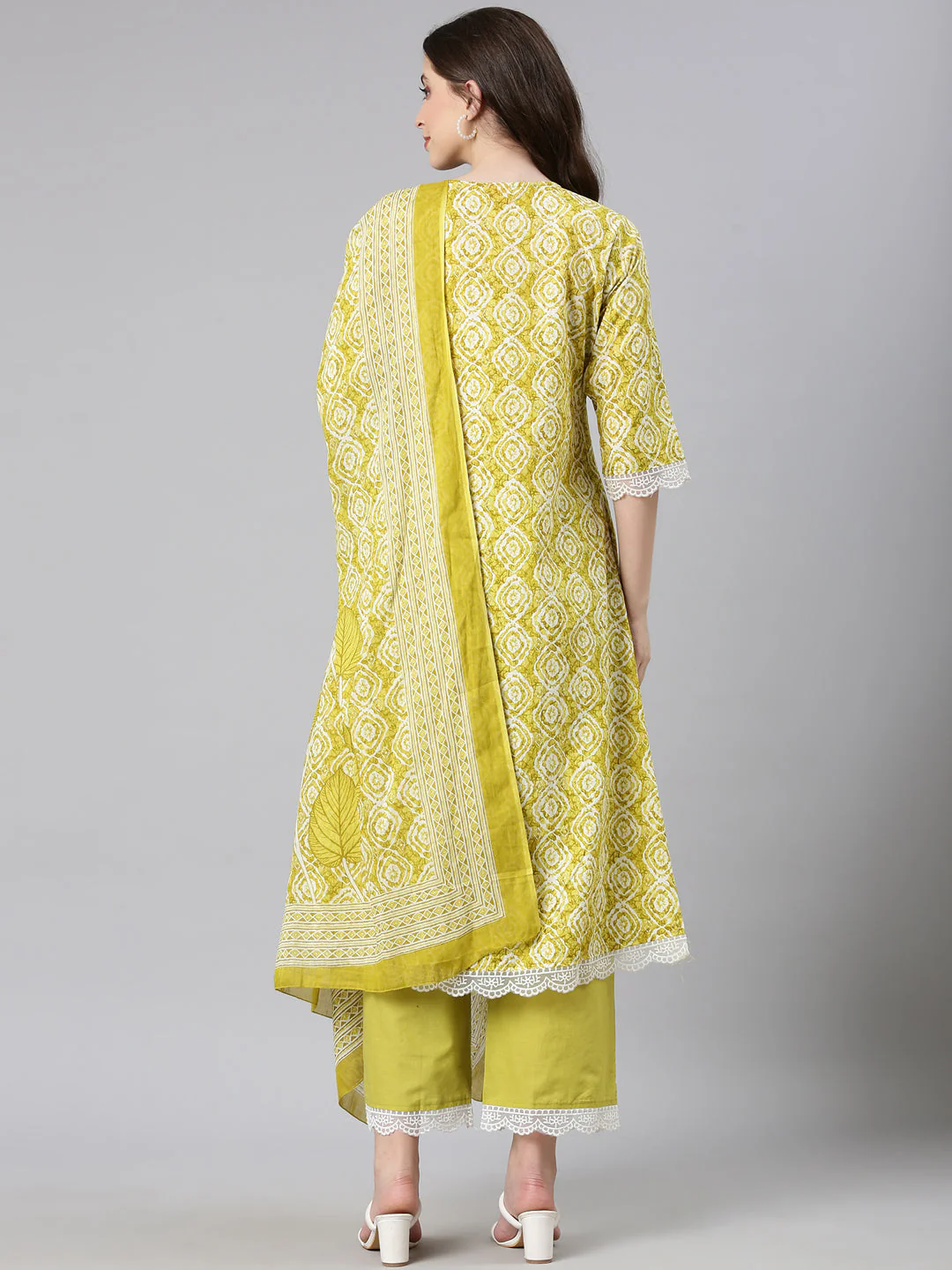 Neerus Lime green Printed Anarkali Kurta and Trousers With Dupatta - Image 3