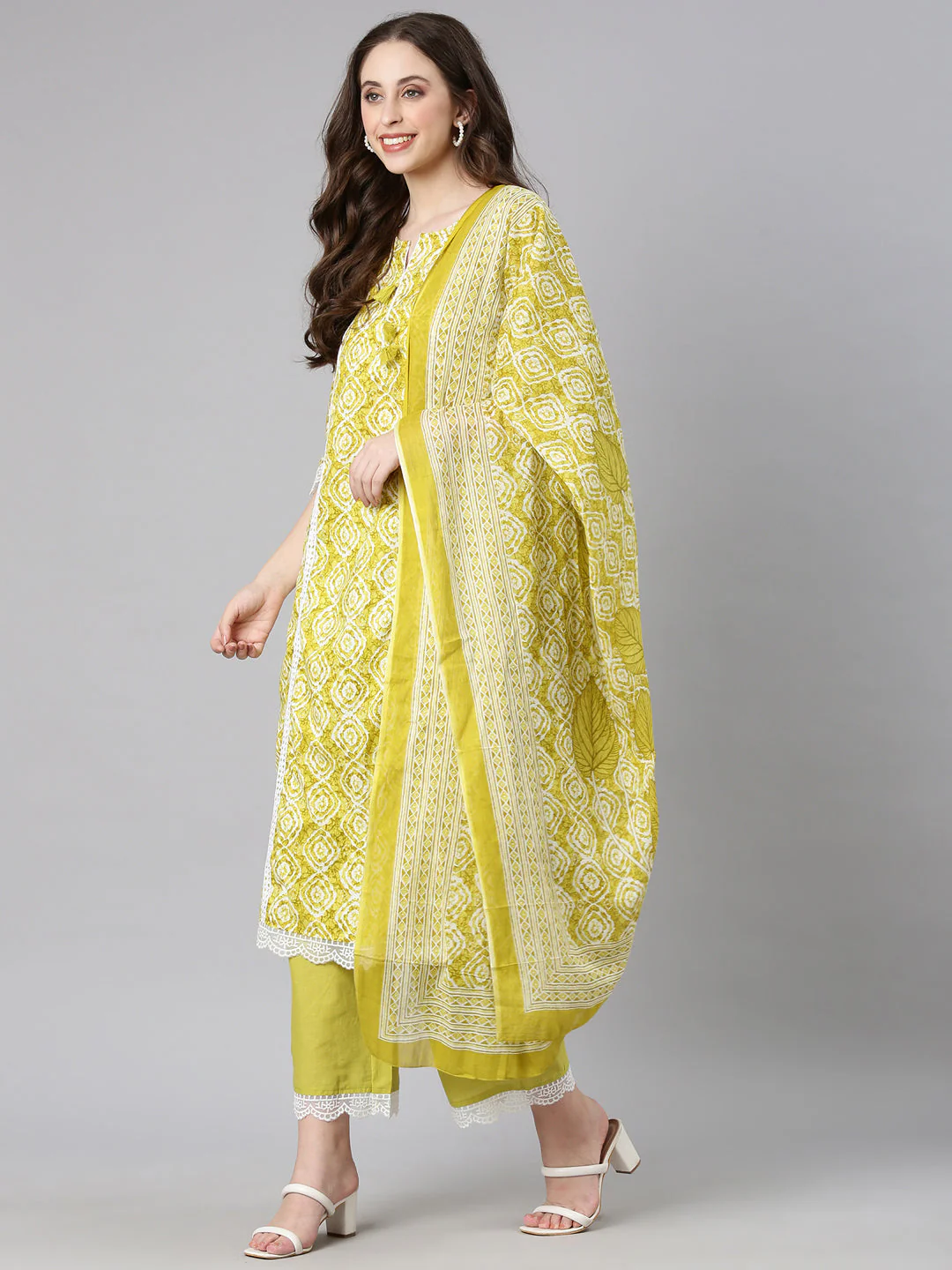 Neerus Lime green Printed Anarkali Kurta and Trousers With Dupatta - Image 5