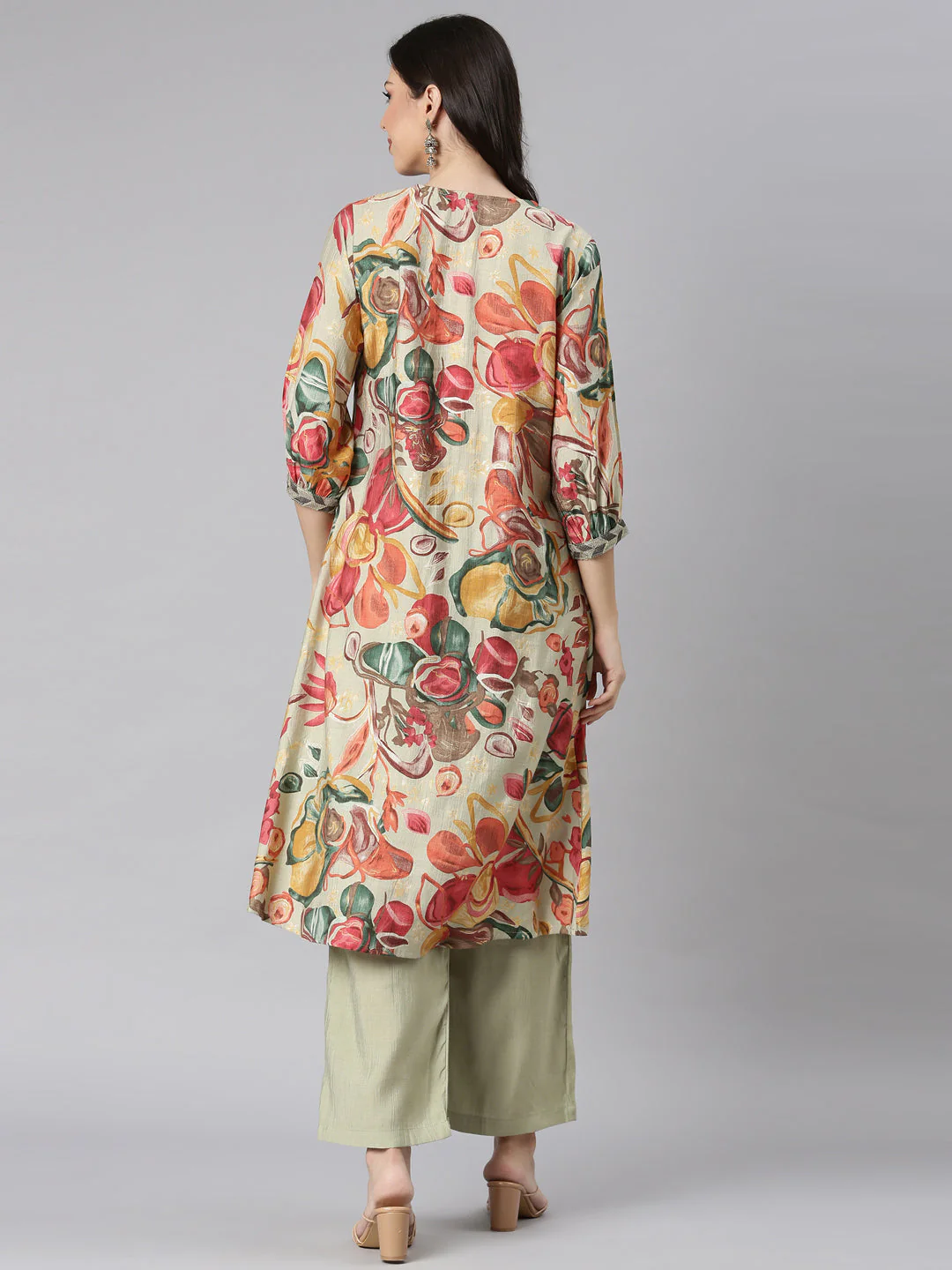 Neerus Lime Green Printed Straight Kurta and Palazzos - Image 3