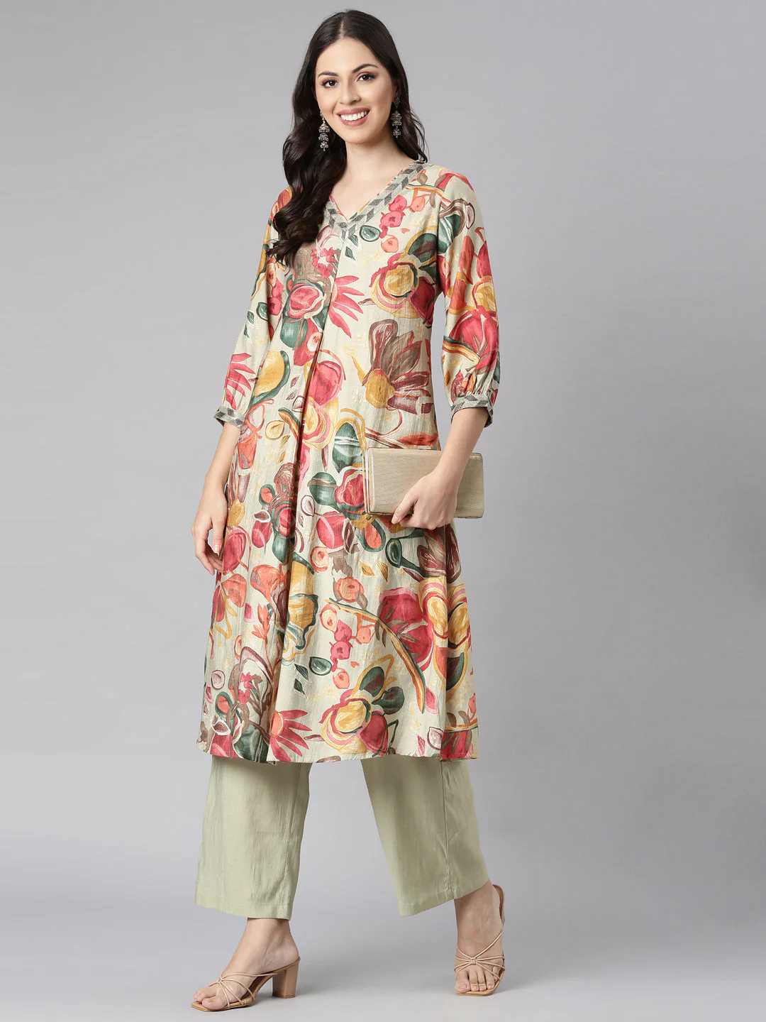 Neerus Lime Green Printed Straight Kurta and Palazzos - Image 5