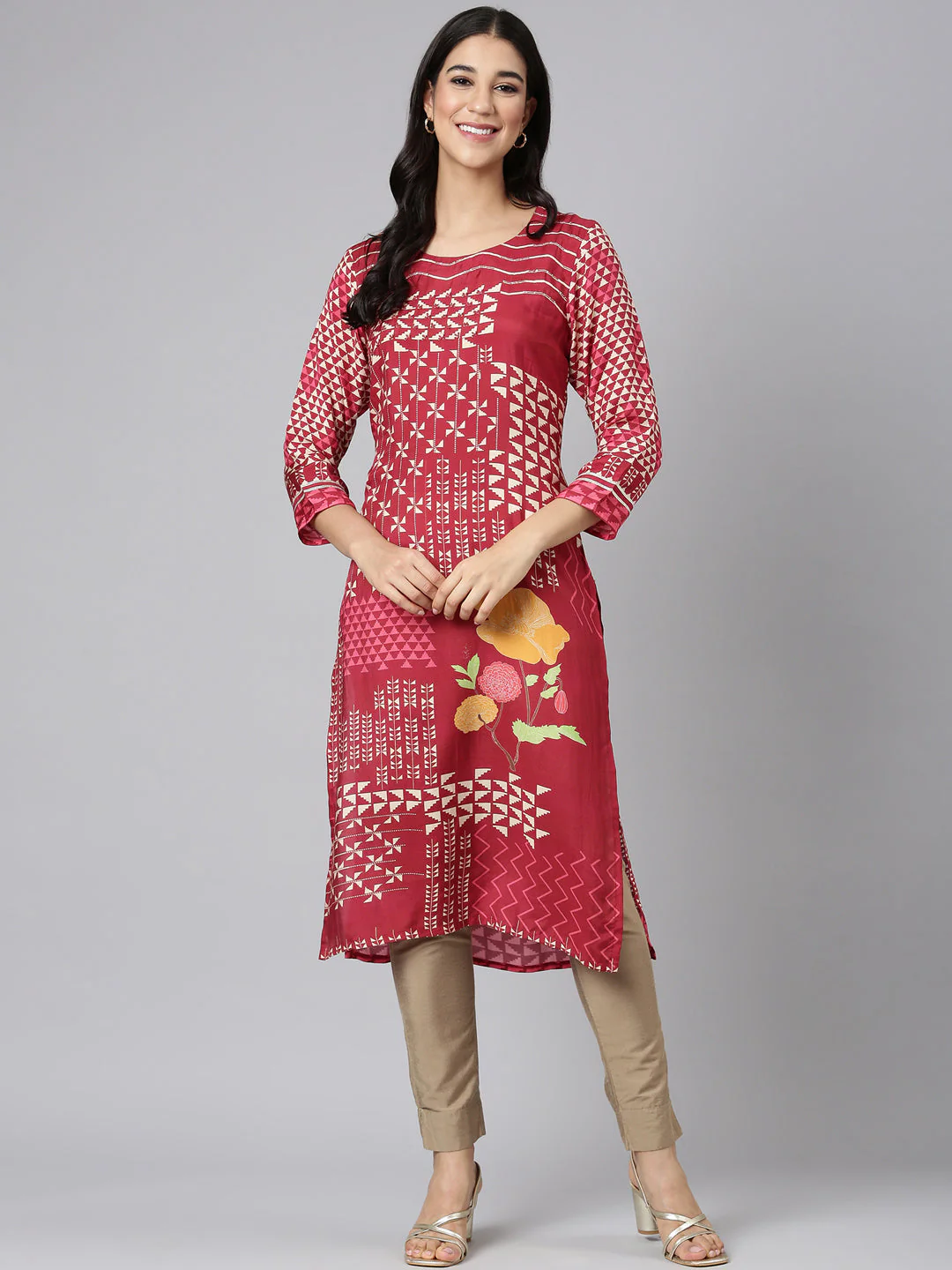 Neerus Maroon Casual Tribal Straight Kurta - Image 5