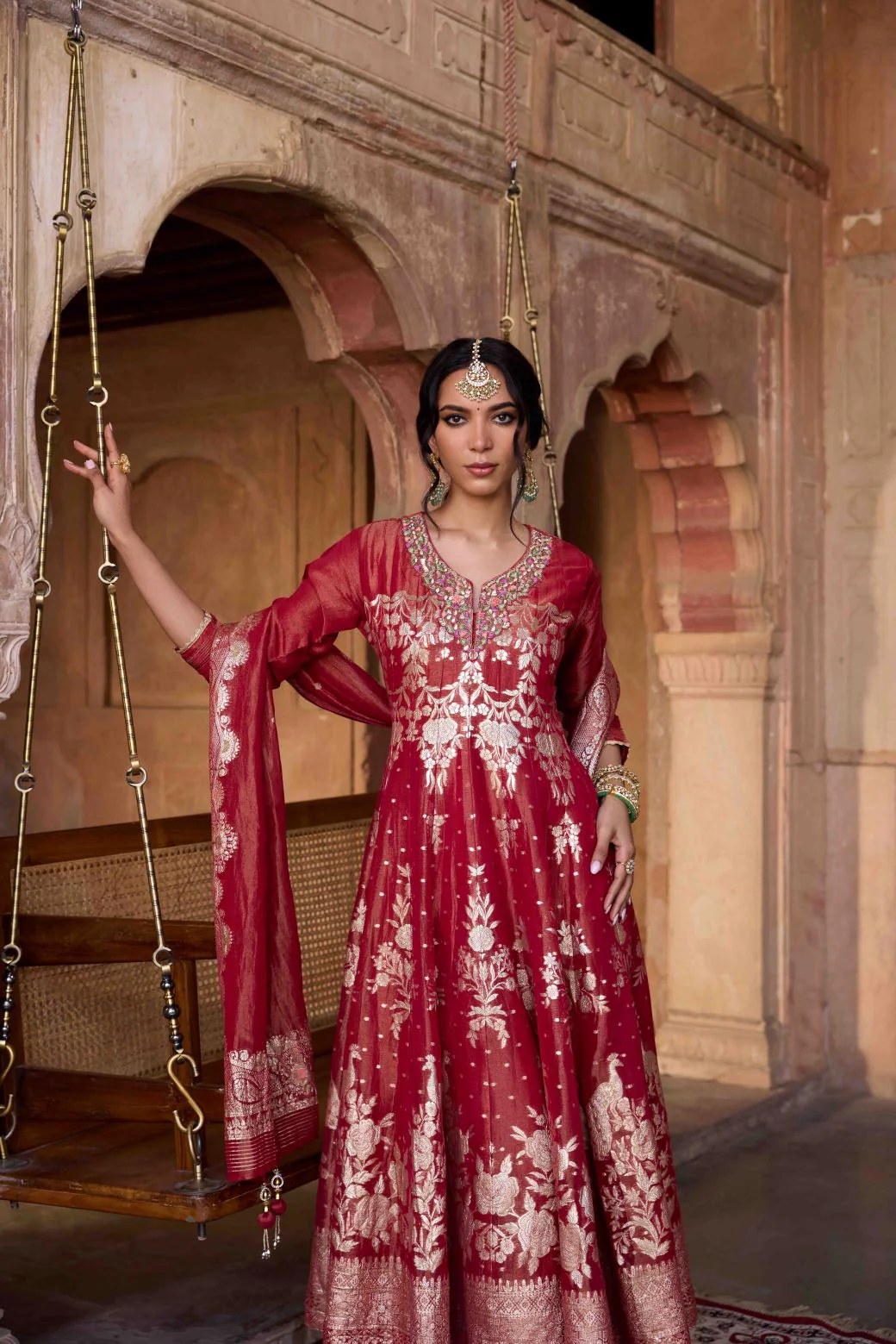 Neerus Maroon Embroidery Tissue Fabric Anarkali and Trouser with Dupatta - Image 3