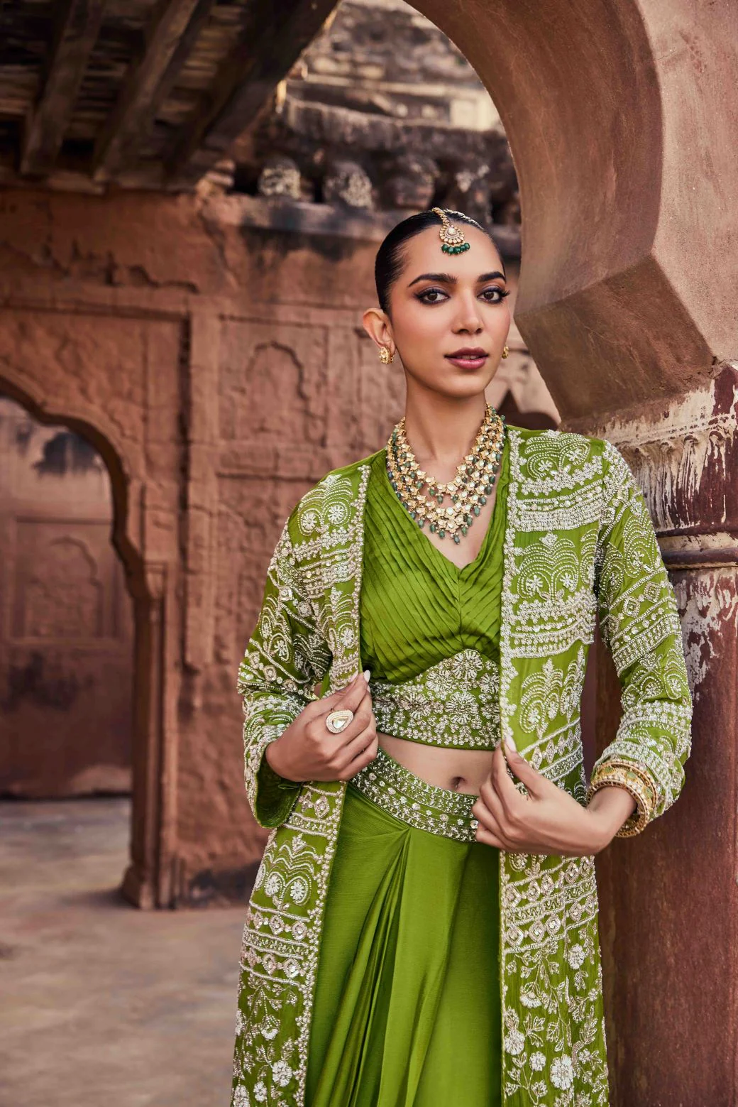 Neerus Mehadi Green Beads and Stones Chinon Fabric Ghagra Set - Image 3
