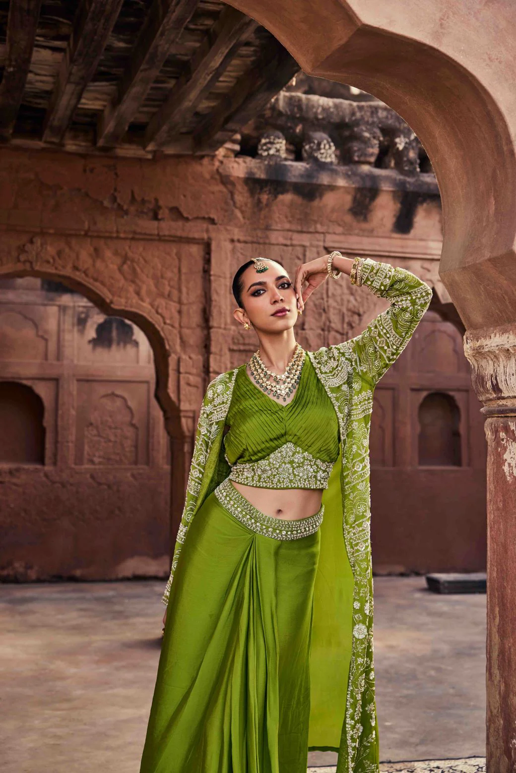 Neerus Mehadi Green Beads and Stones Chinon Fabric Ghagra Set - Image 4