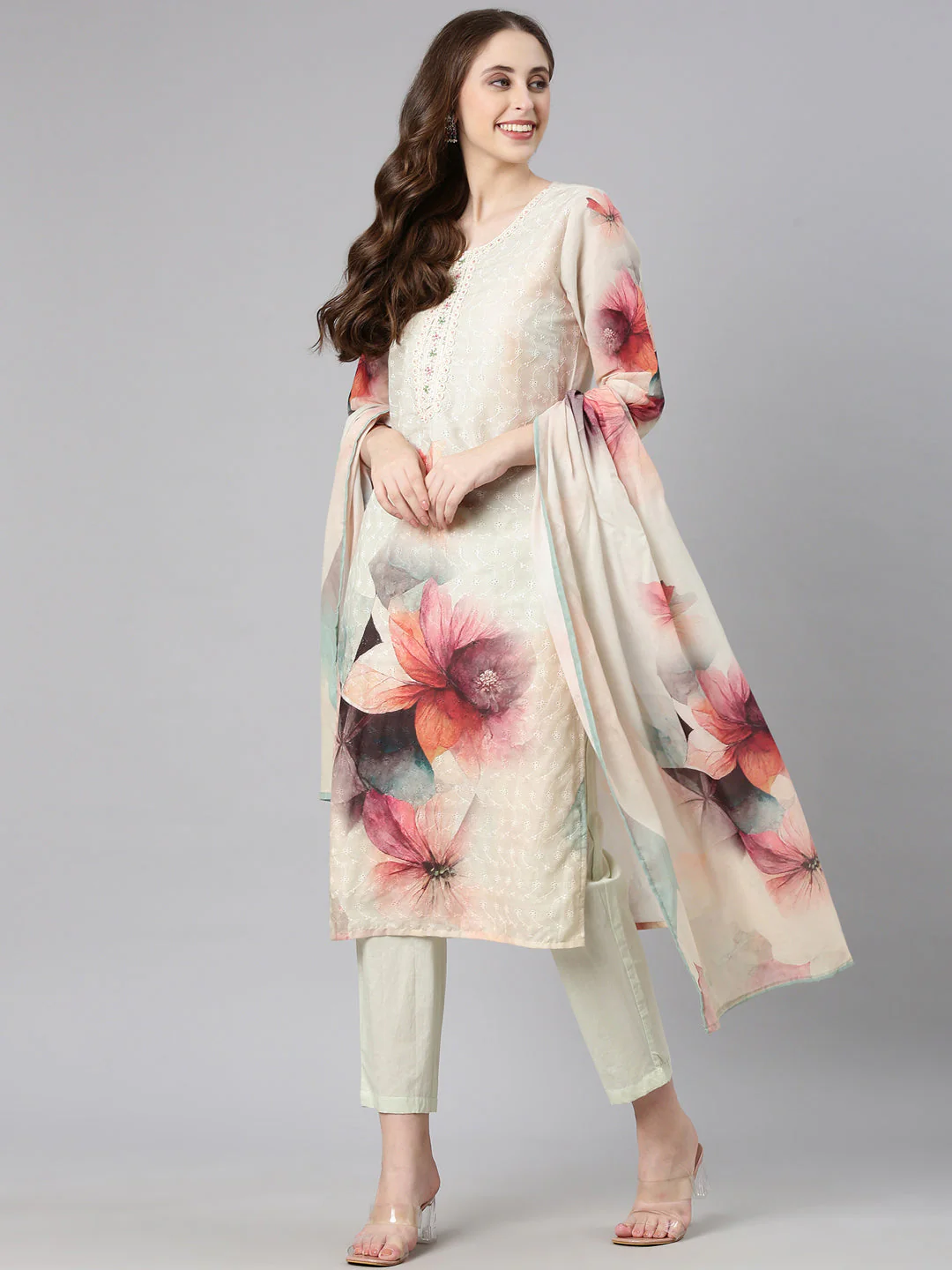 Neerus Mint Printed Straight Kurta and Trousers With Dupatta - Image 5