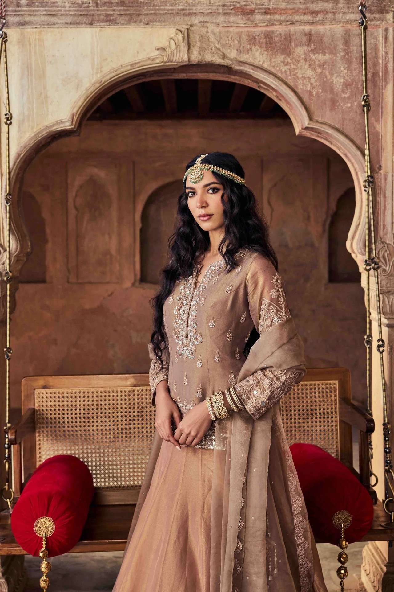 Neerus Brown Embroidery Tissue Fabric Top and Skirt with Dupatta - Image 3