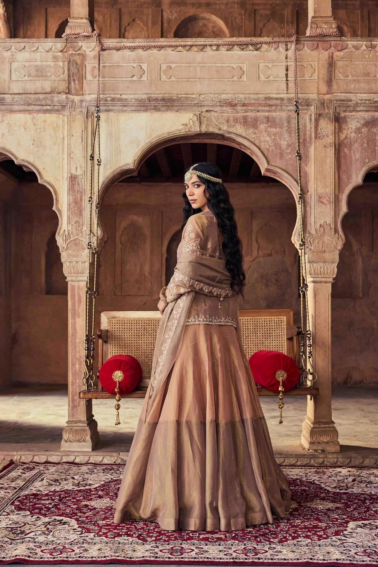 Neerus Brown Embroidery Tissue Fabric Top and Skirt with Dupatta - Image 4