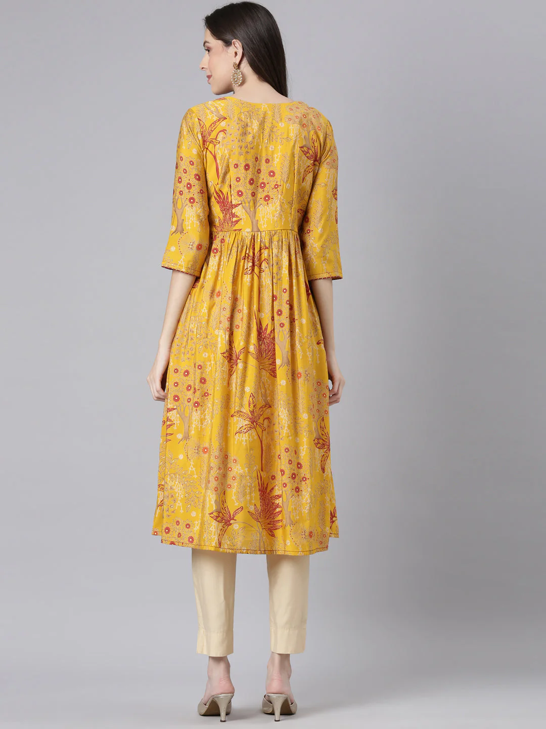 Neerus Mustard Casual Floral Anarkali Kurta - Image 3