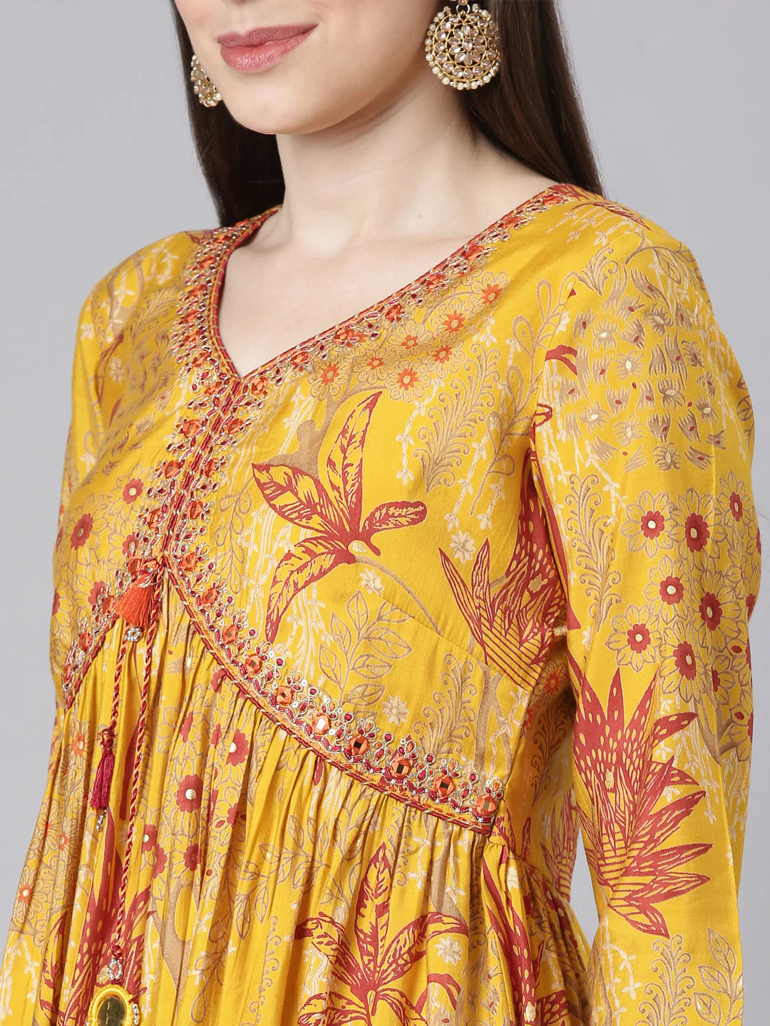 Neerus Mustard Casual Floral Anarkali Kurta - Image 4