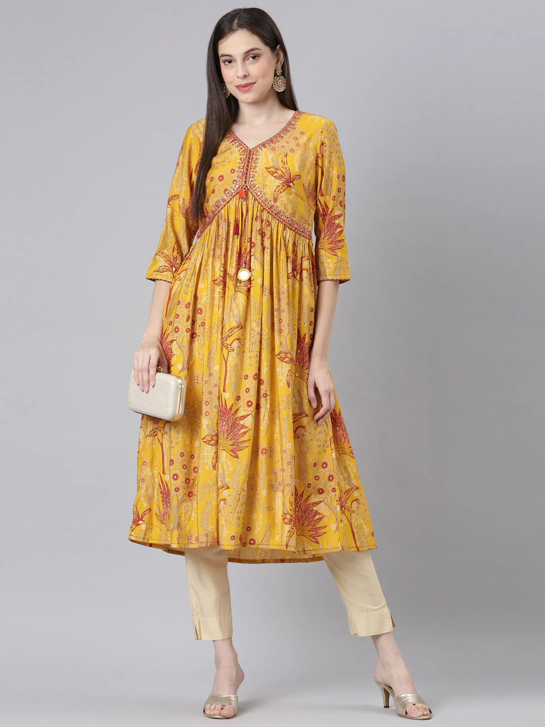 Neerus Mustard Casual Floral Anarkali Kurta - Image 5