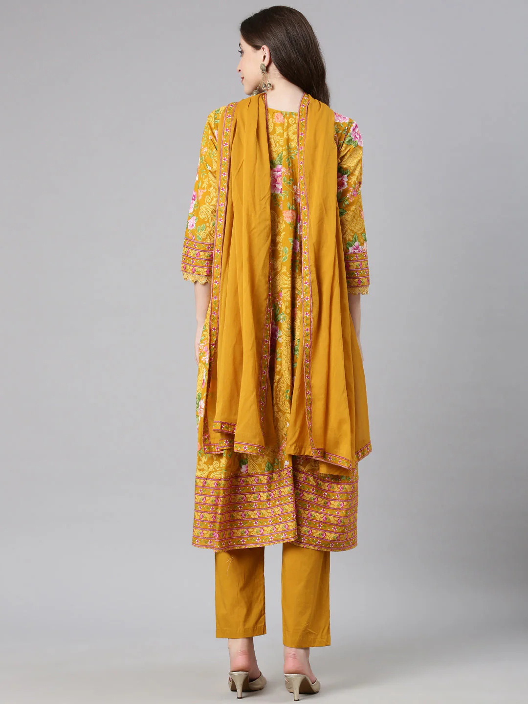 Neerus Mustard Printed Anarkali Kurta and Trousers With Dupatta - Image 3