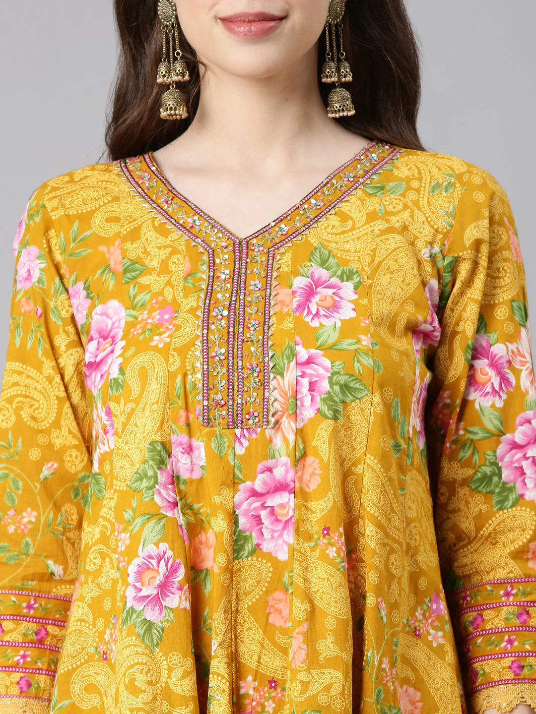 Neerus Mustard Printed Anarkali Kurta and Trousers With Dupatta - Image 4