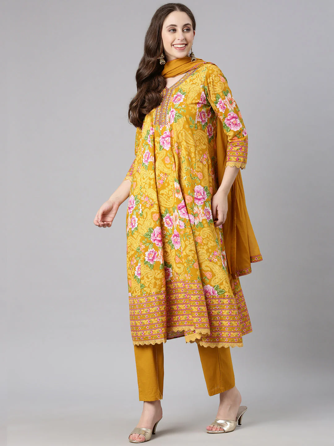 Neerus Mustard Printed Anarkali Kurta and Trousers With Dupatta - Image 5