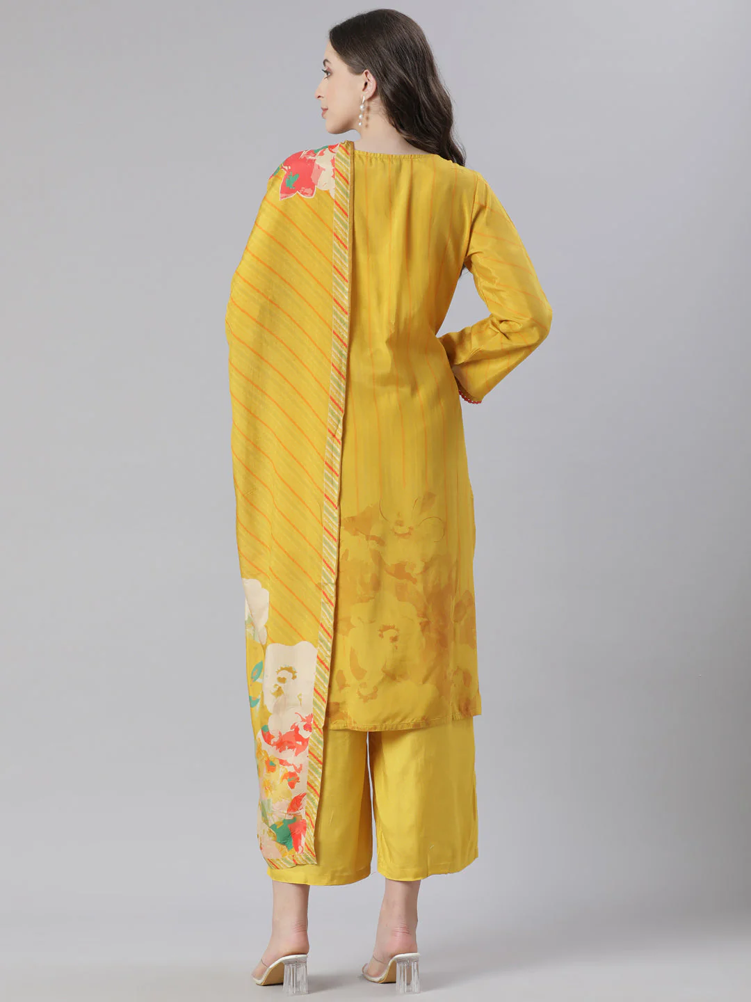 Neerus Mustard Printed Straight Kurta and Trousers With Dupatta - Image 3