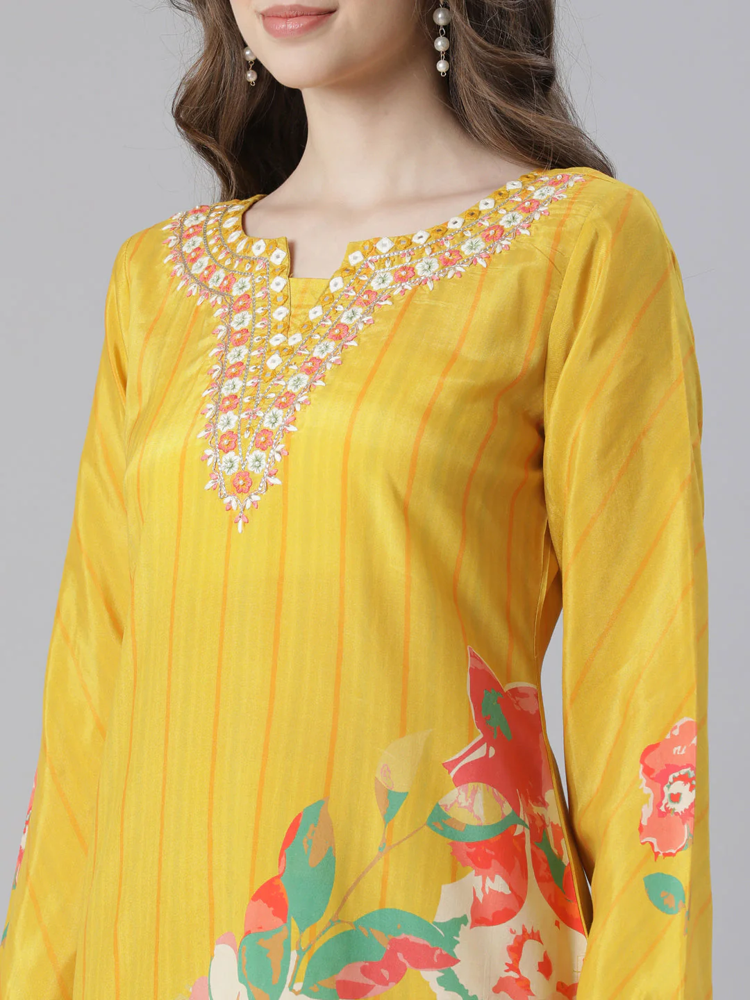 Neerus Mustard Printed Straight Kurta and Trousers With Dupatta - Image 4