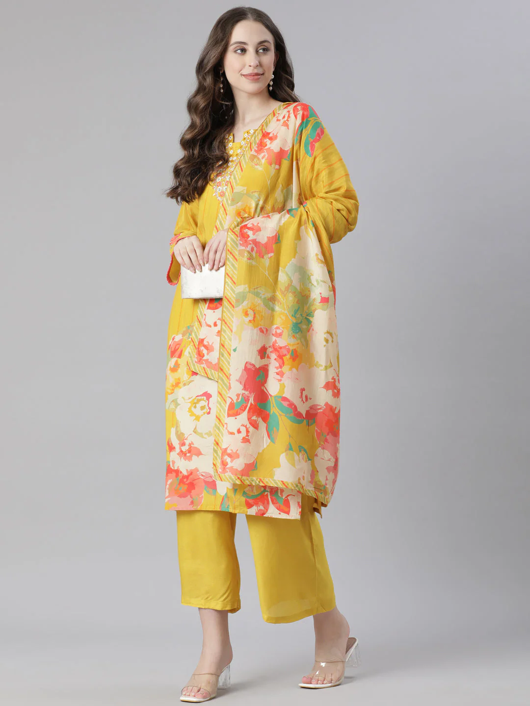 Neerus Mustard Printed Straight Kurta and Trousers With Dupatta - Image 5