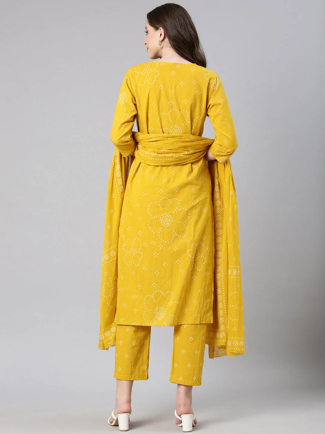 Neerus Mustard Printed Straight Kurta and Trousers With Dupatta - Image 3