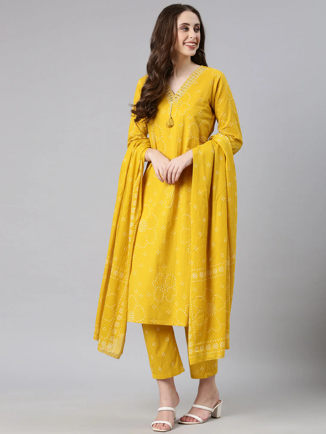 Neerus Mustard Printed Straight Kurta and Trousers With Dupatta - Image 5