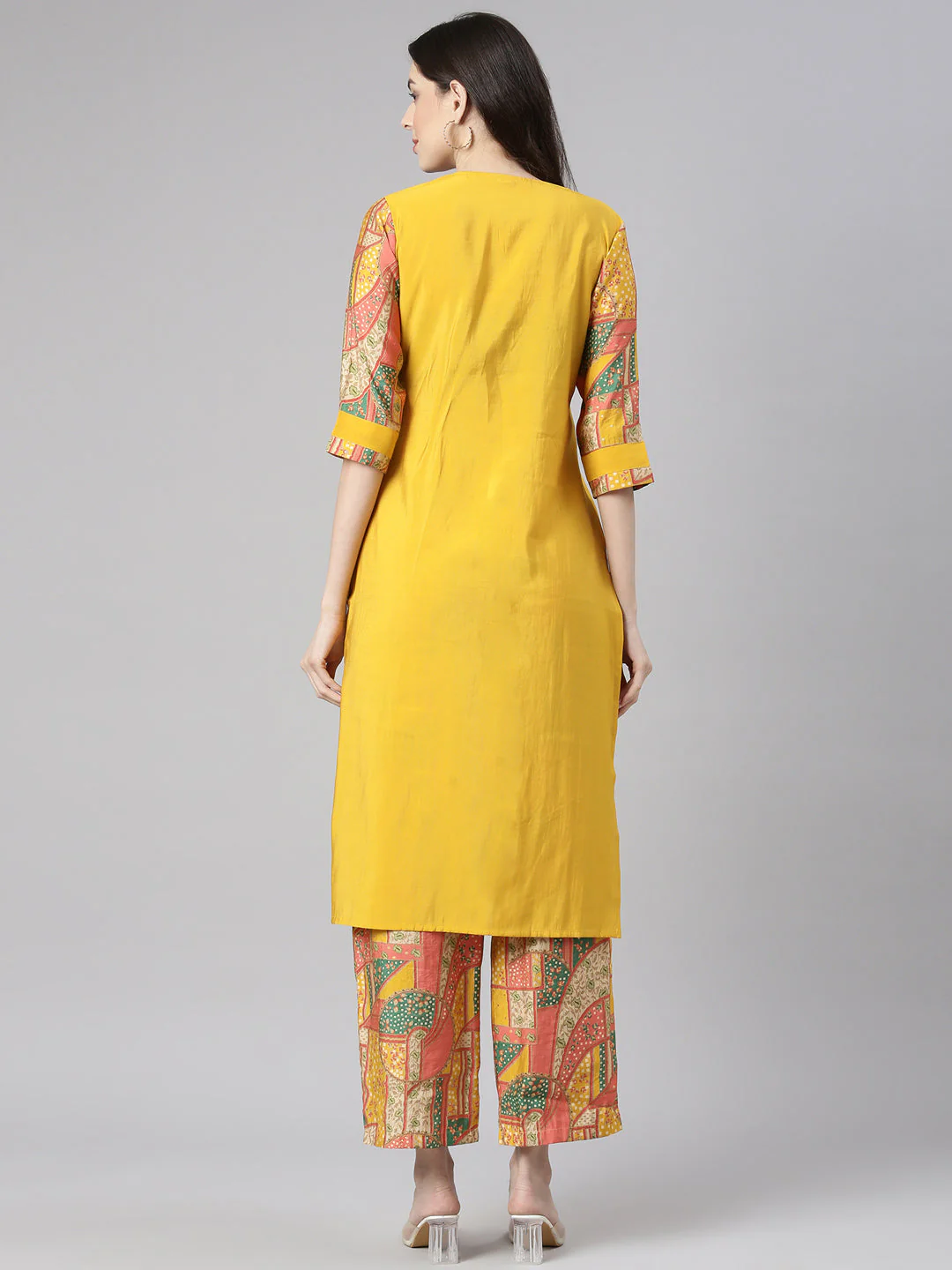 Neerus Mustard Solid Straight Kurta and Palazzos - Image 3