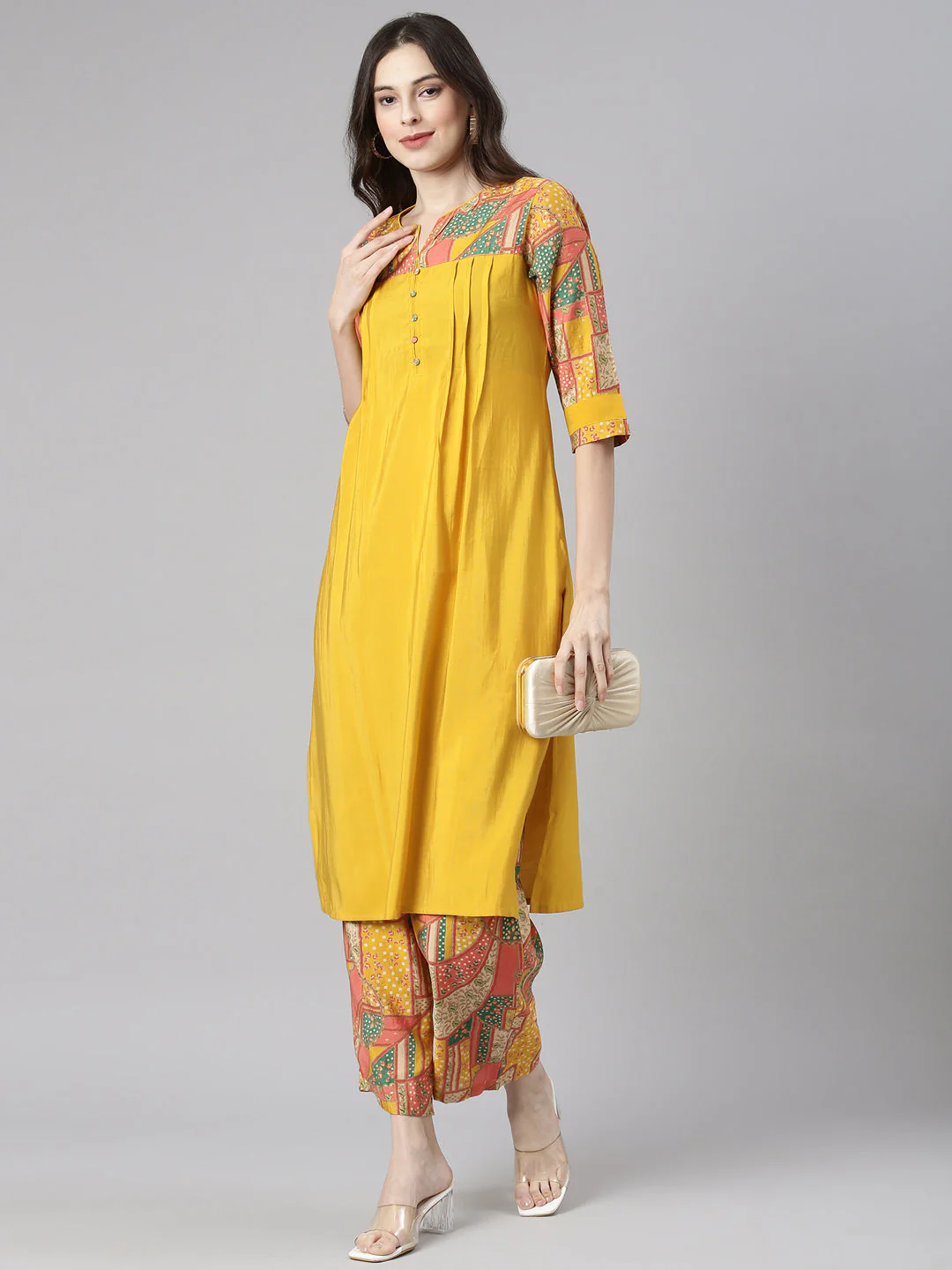Neerus Mustard Solid Straight Kurta and Palazzos - Image 5