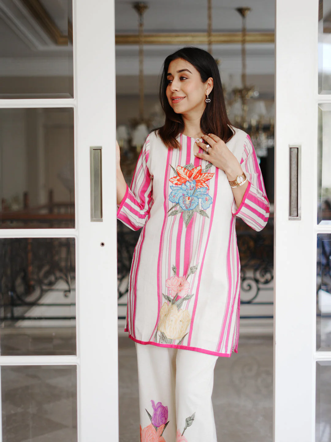 Neerus Off White Casual Embroidered Kurti and Trouser - Image 3