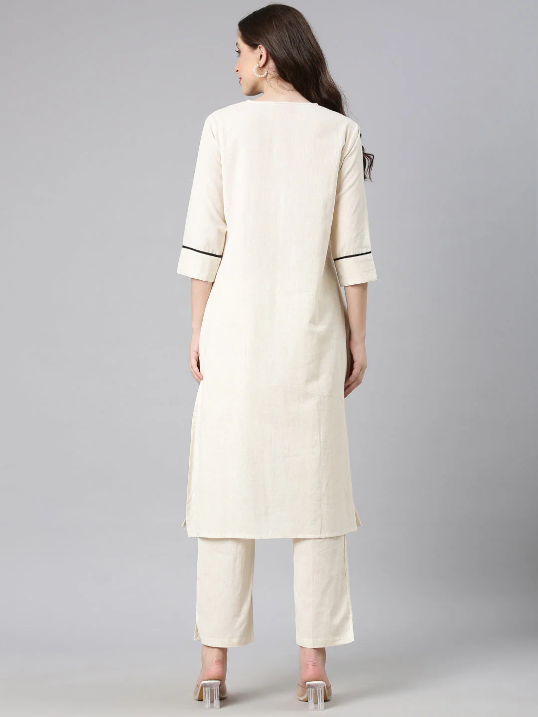 Neerus Off white Embroidered Straight Kurta and Trousers - Image 3
