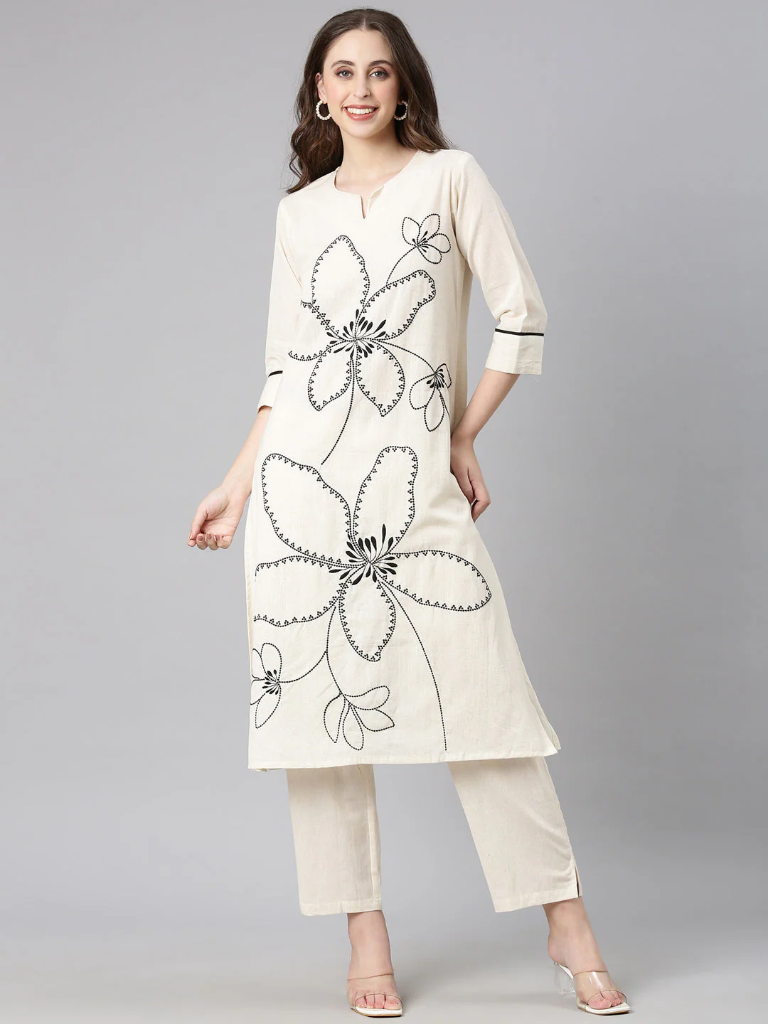 Neerus Off white Embroidered Straight Kurta and Trousers - Image 5