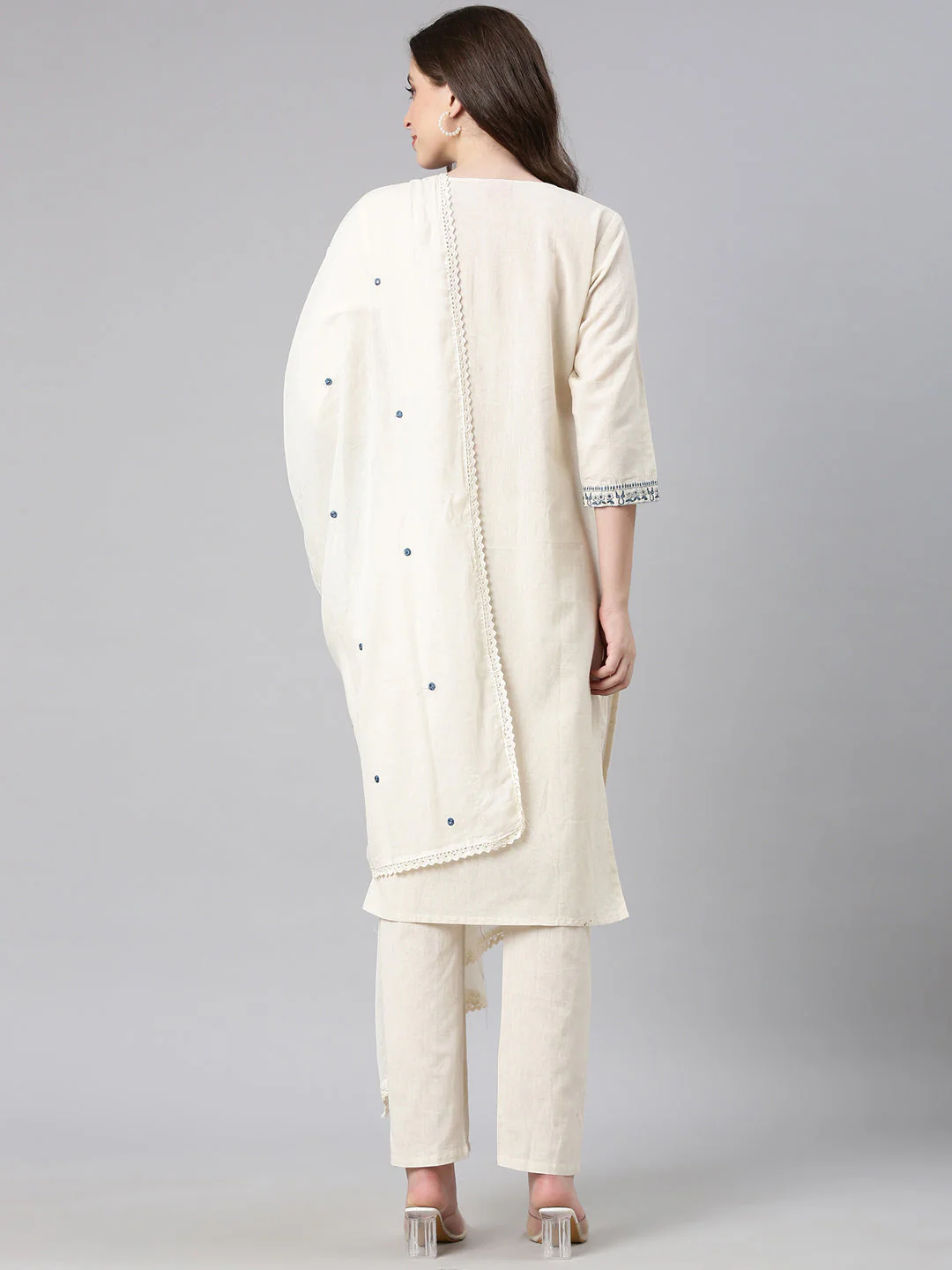 Neerus Off white Embroidered Straight Kurta and Trousers With Dupatta - Image 3