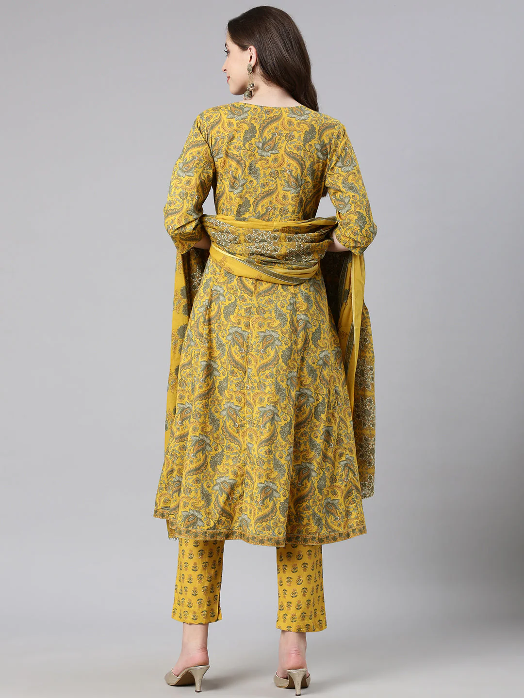 Neerus Mustard Printed Anarkali Kurta and Trousers With Dupatta - Image 3