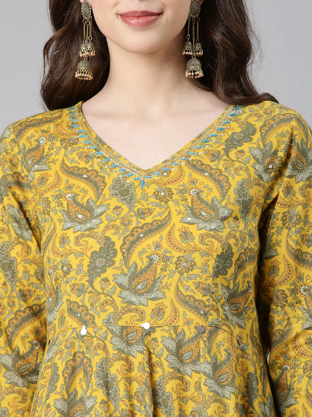 Neerus Mustard Printed Anarkali Kurta and Trousers With Dupatta - Image 4