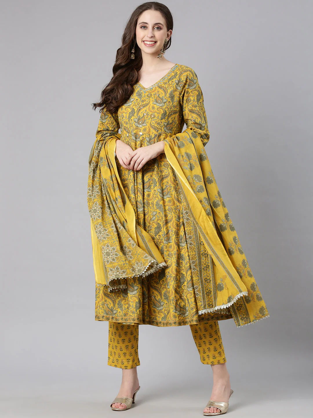 Neerus Mustard Printed Anarkali Kurta and Trousers With Dupatta - Image 5
