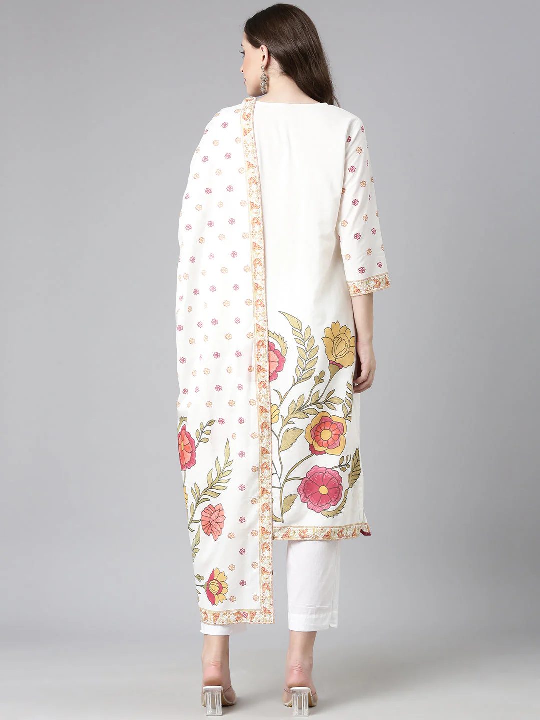 Neerus Off White Printed Straight Kurta and Trousers With Dupatta - Image 3