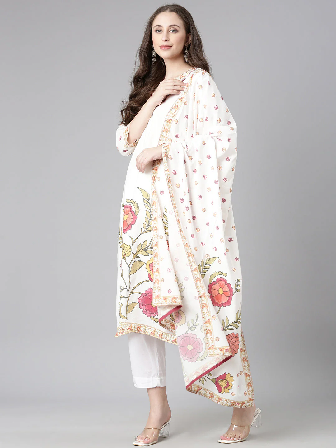 Neerus Off White Printed Straight Kurta and Trousers With Dupatta - Image 5
