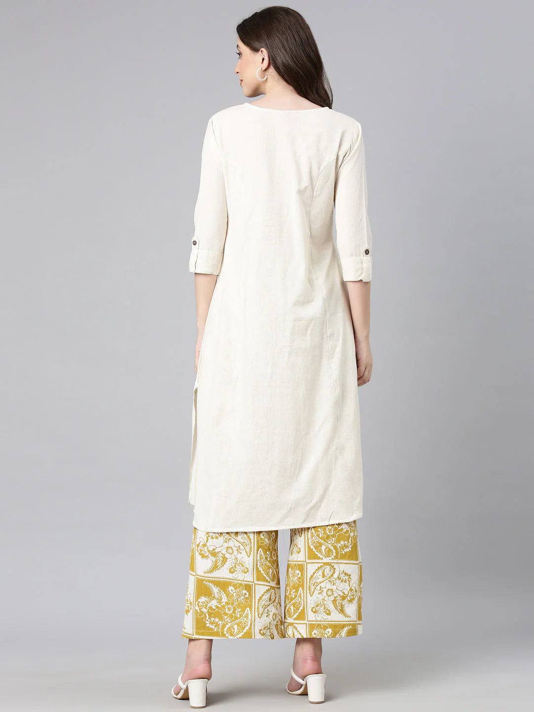 Neerus Off white Solid Straight Kurta and Palazzos - Image 3