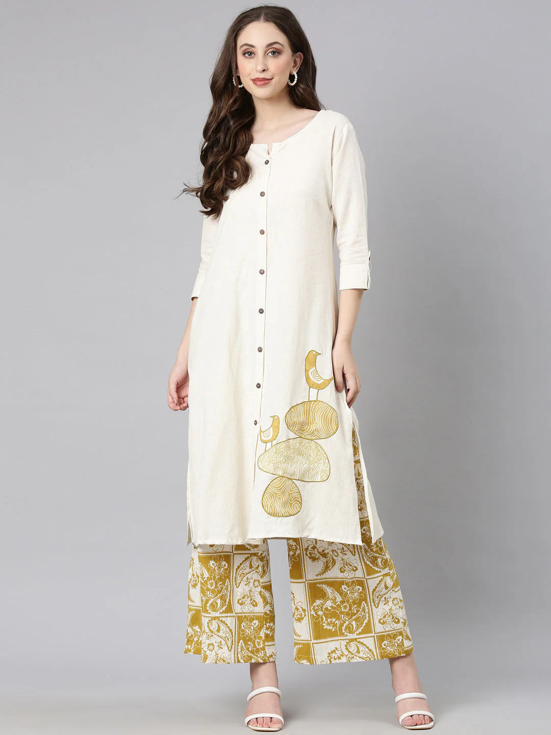 Neerus Off white Solid Straight Kurta and Palazzos - Image 5