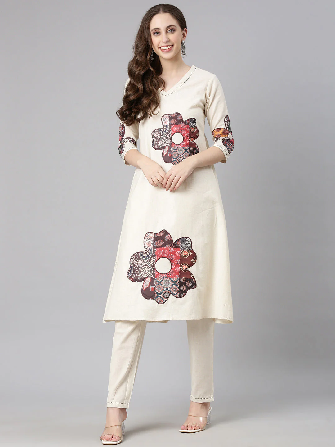 Neerus Off white Solid Straight Kurta and Trousers - Image 5