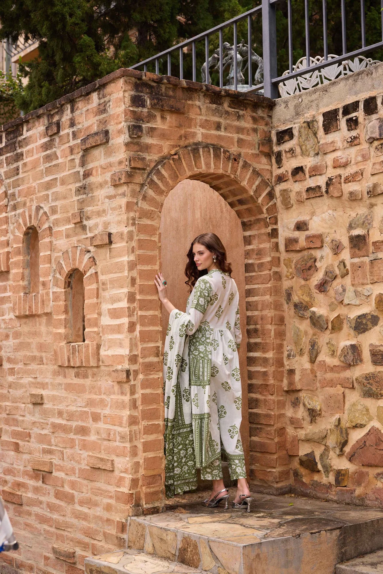 Neerus Olive Printed Anarkali Kurta and Trousers With Dupatta - Image 3