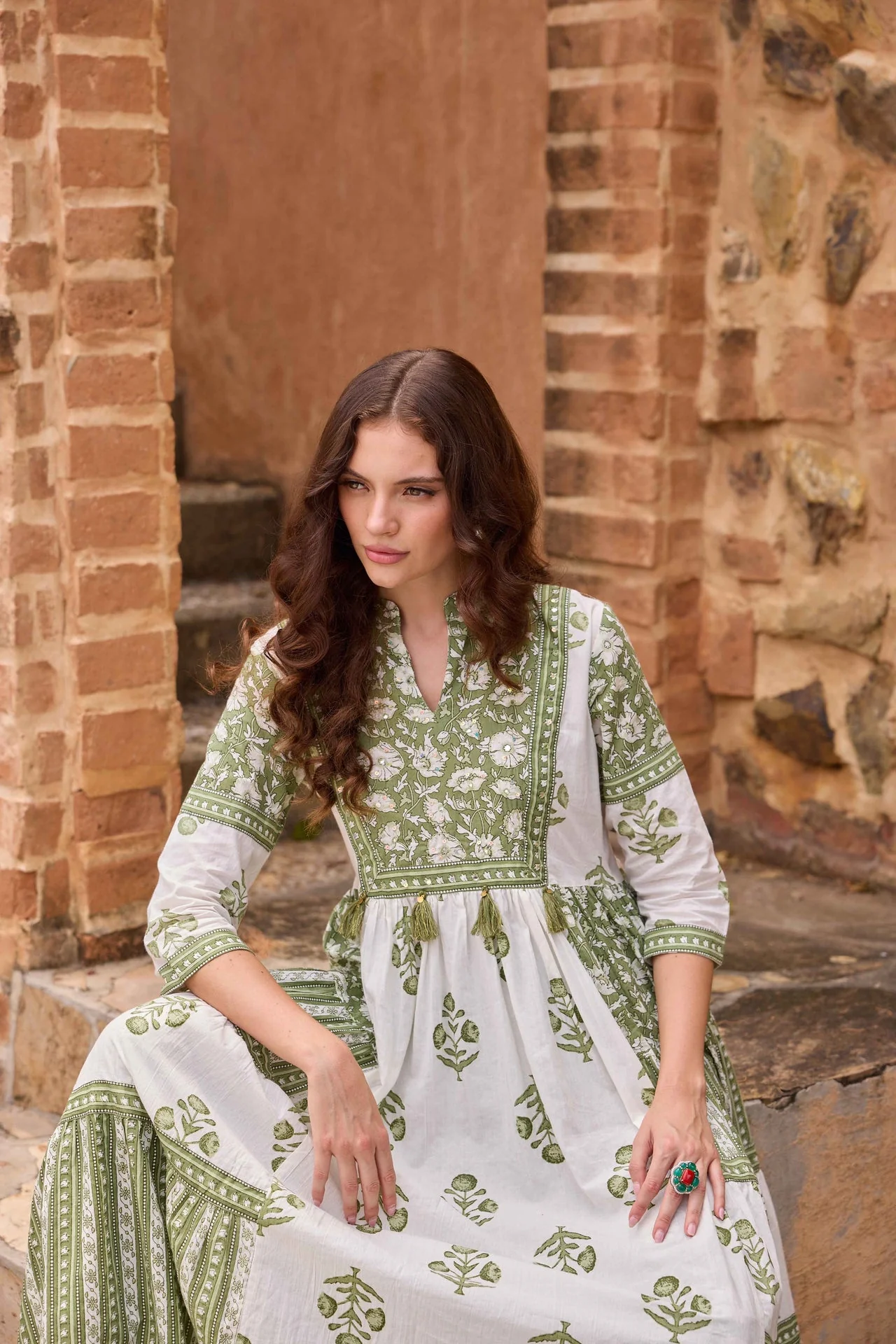 Neerus Olive Printed Anarkali Kurta and Trousers With Dupatta - Image 4