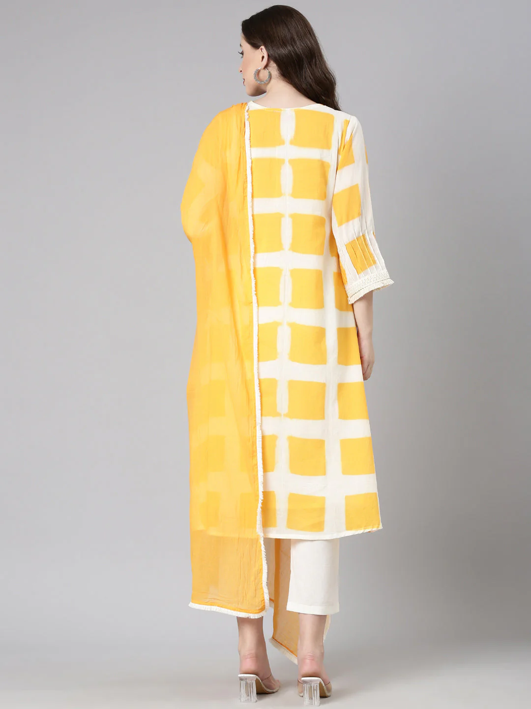 Neerus Orange Checked Straight Kurta and Trousers With Dupatta - Image 3