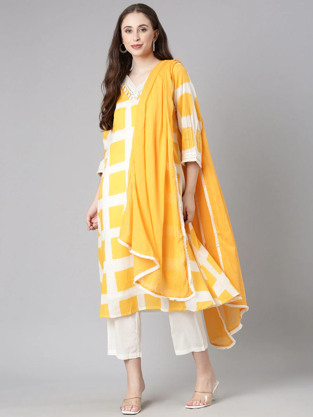 Neerus Orange Checked Straight Kurta and Trousers With Dupatta - Image 5