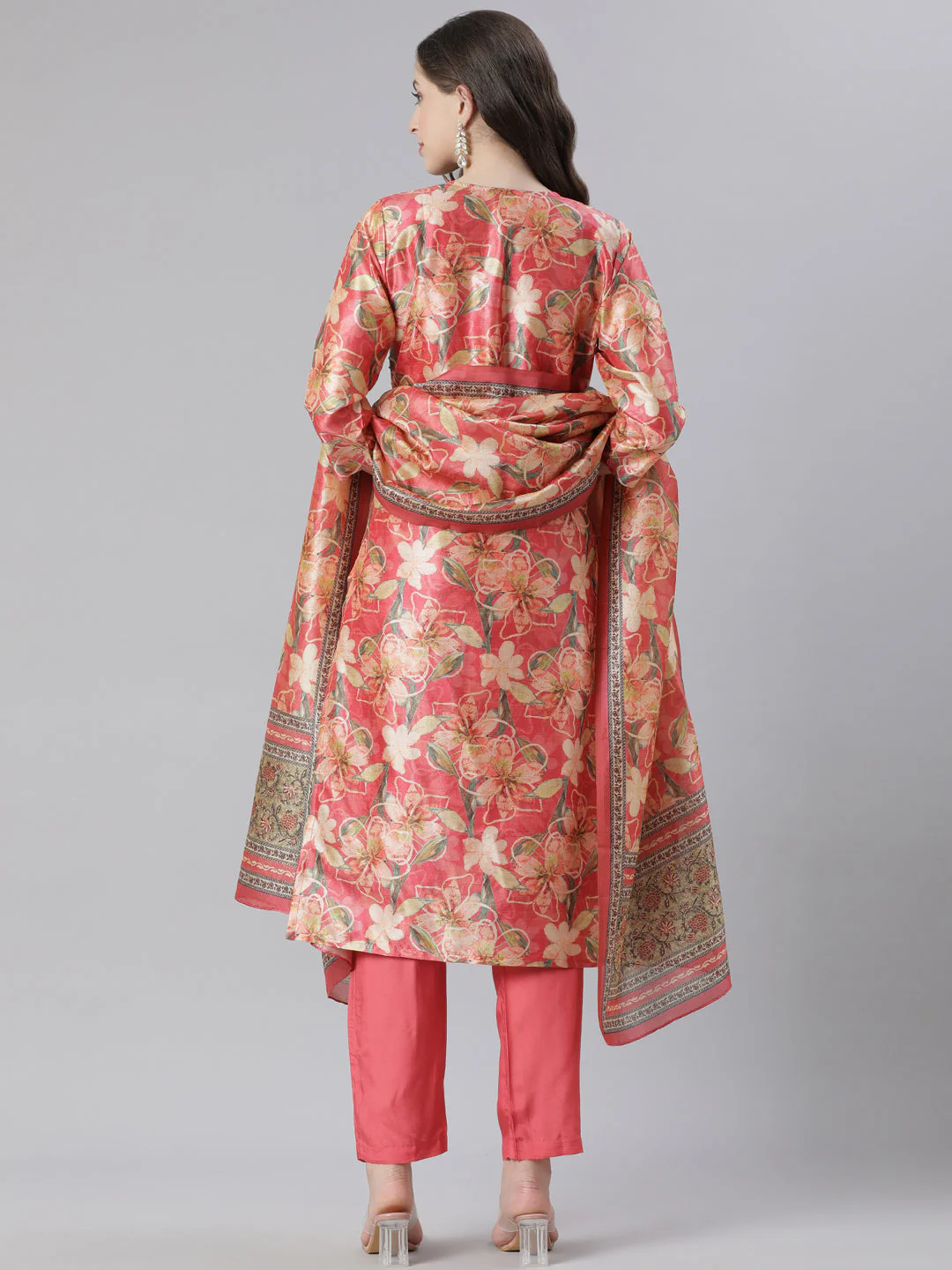 Neerus Orange Printed Straight Kurta and Trousers With Dupatta - Image 3