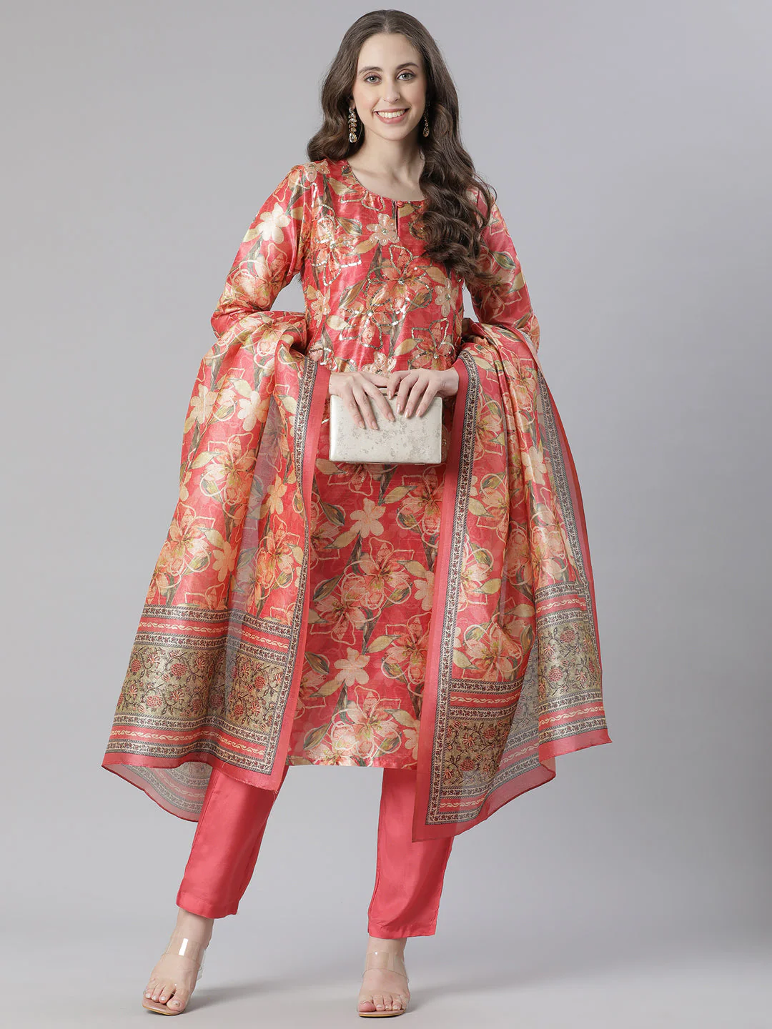 Neerus Orange Printed Straight Kurta and Trousers With Dupatta - Image 5