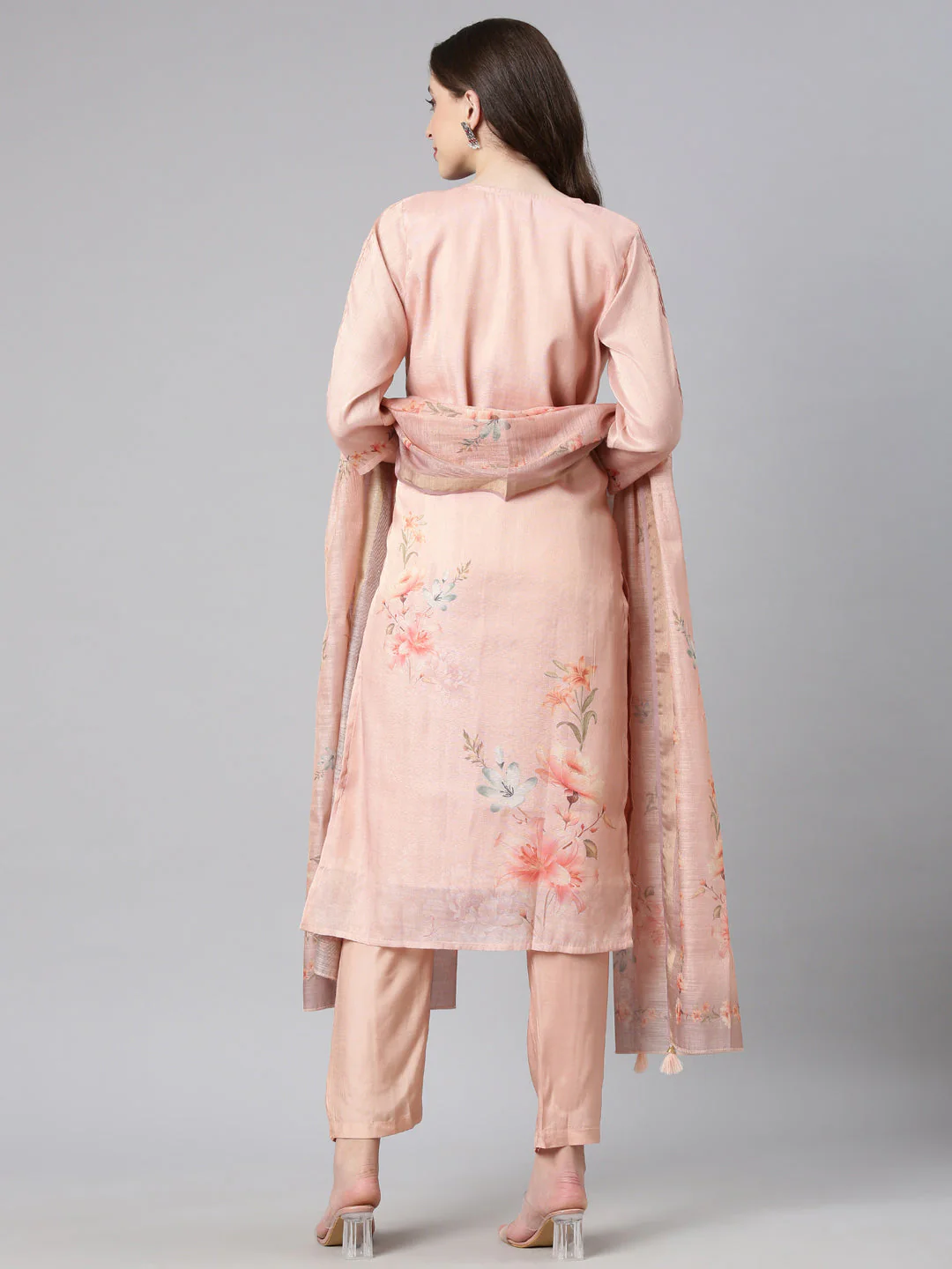 Neerus Peach Printed Straight Kurta and Trousers With Dupatta - Image 3