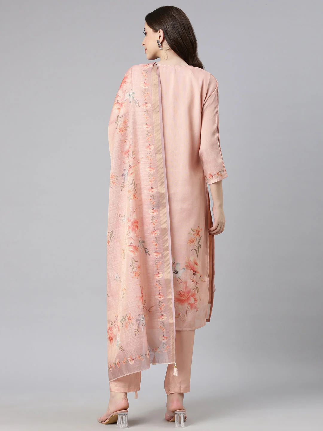 Neerus Peach Printed Straight Kurta and Trousers With Dupatta - Image 3